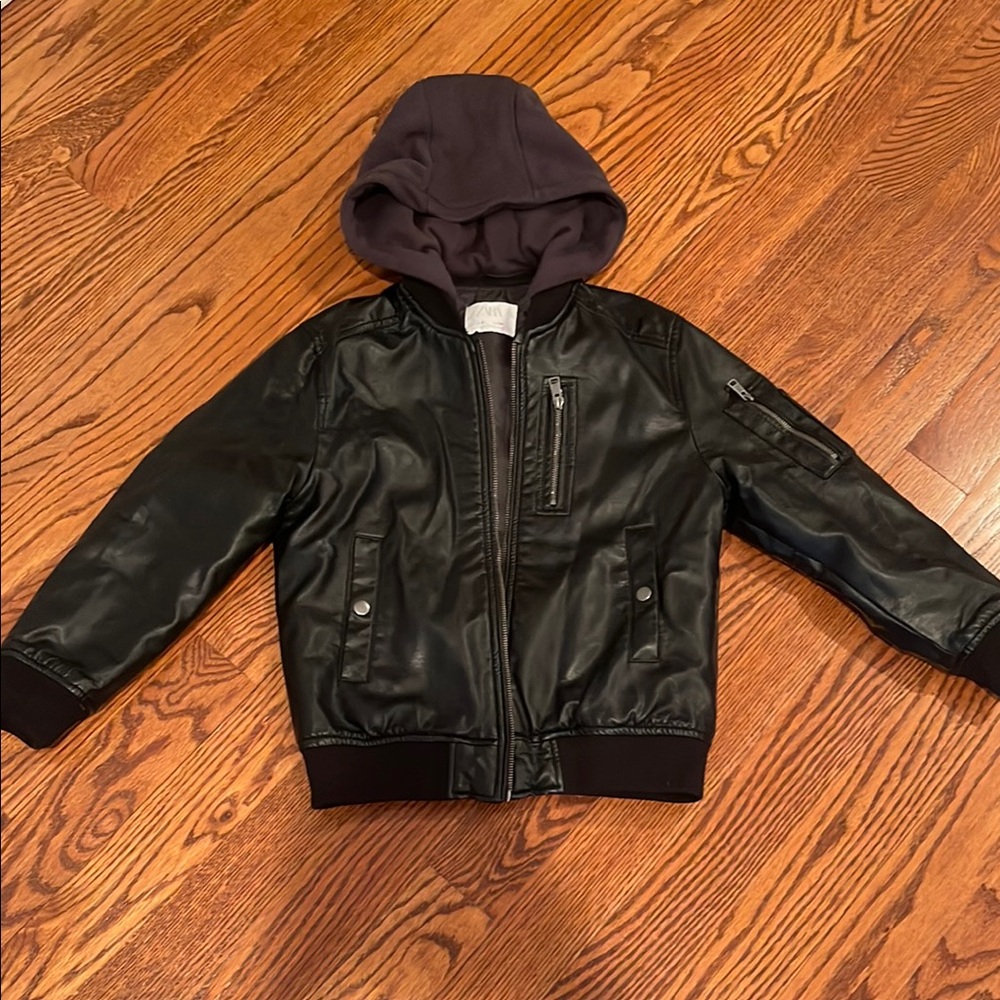 Boys Zara faux leather bomber with detachable hood